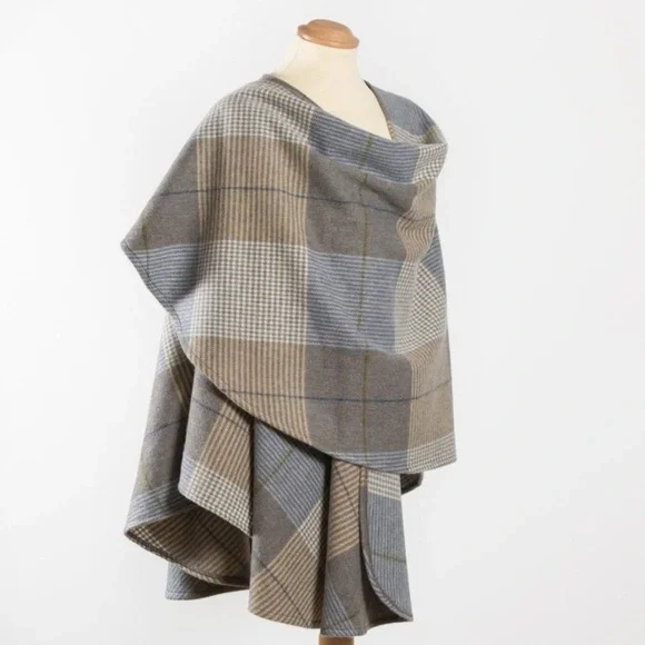 John Hanly 100% Lambswool Cape | Cream Taupe Denim Check | One Size | Ireland - Picture 8 of 8